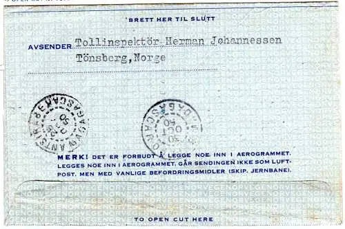 Norwegen 1950, 45 öre Aerogram v. Tönsberg n. Madagascar