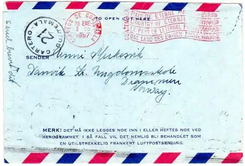 Norwegen 1957, 65 öre Aerogram v. Drammen n. Guatemala