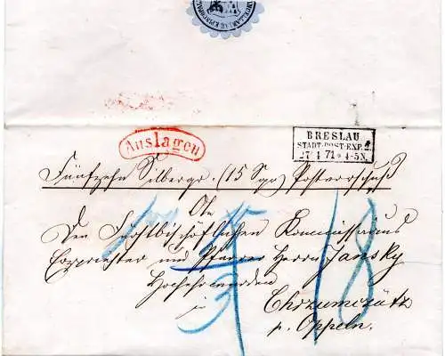 NDP 1871, R3 Breslau Stadt-Post-Exp.2 auf Brief m. rotem AUSLAGEN Stpl.