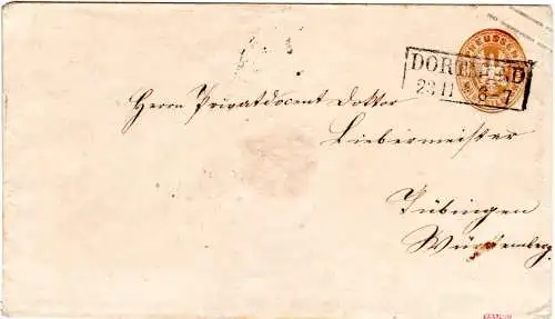 Preussen 1862, 3 SGr. GaU m. R2 Dortmund u. rücks. Württemberg Bahnpost. Geprüft