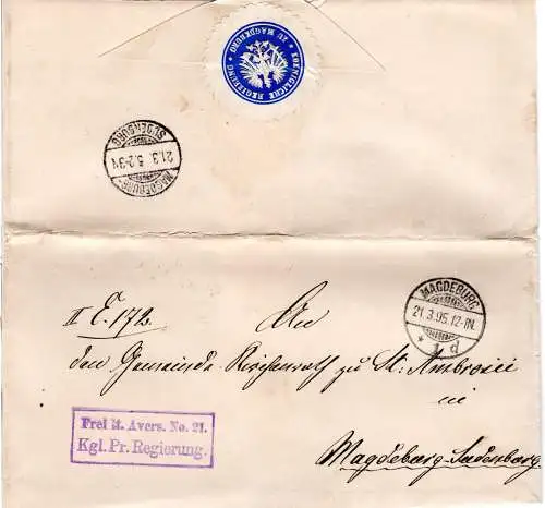 DR 1895, Frei lt. Avers. No.21 Kgl. Pr. Regierung, Orts-Brief v. Magdeburg