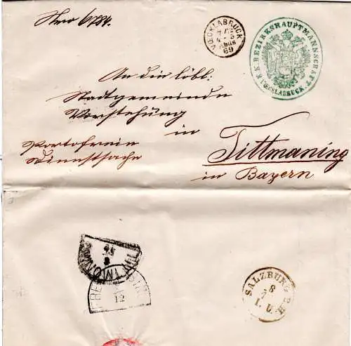 Österreich 1869, Fingerhut Stpl. Vöcklabruck auf portofreiem Brief n. Bayern