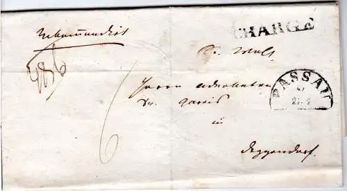 Bayern 1846, HKS Passau u. L1 CHARGÉ  auf Porto Brief n. Deggendorf