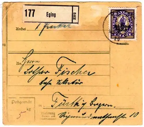 DR 1920, EF 2 Mk. Bayern Abschied auf Paketkarte v. Eging