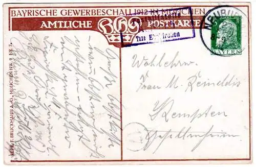 Bayern 1912, Posthilfstelle AMBACH Taxe Ehekirchen auf 5 Pf. Ga. m. K1 Neuburg