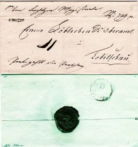 Östrereich 1834, Mähren-L1 MÜGLITZ auf Brief n. Tobitschau m. rücks. K2 Olmütz