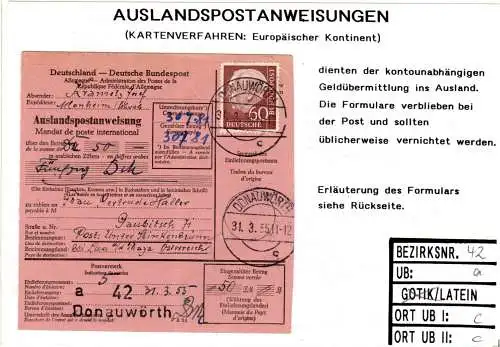 BRD 1955, EF 60 Pf. Heuss auf Auslands Postanweisung v. Donauwörth