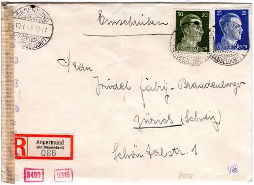 DR 1944, 25+30 Pf. auf Einschreiben Zensur Brief v. Angermund i.d. Schweiz