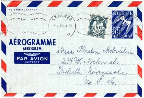 Norwegen 1956, 10 öre on 55 öre Aerogramme stationery from Skarnes to US