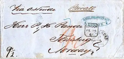 GB 1861, Porto Brief v. London via Schweden (K1 Svinesund) n. Norwegen