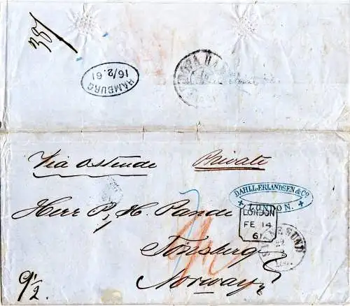 GB 1861, Porto Brief v. London via Schweden (K1 Svinesund) n. Norwegen