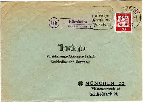 BRD 1962, Landpost Stpl. 13b HÜRNHEIM über Nördlingen auf Brief m. 20 Pf. Bach