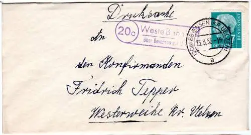 BRD 1956, Landpost Stpl. 20a WESTE BAHNHOF über Bevensen auf Brief m. 7 Pf.