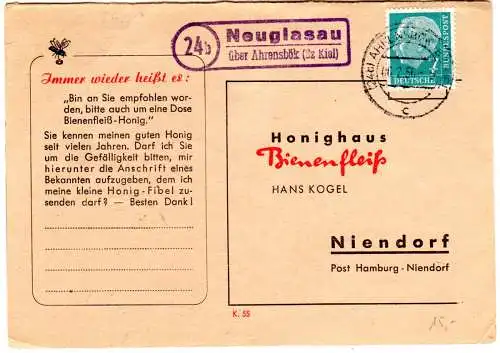 BRD 1956, Landpost Stpl. 24 NEUGLASAU über Ahrensbök (Bz Kiel) auf Karte m. 7 Pf