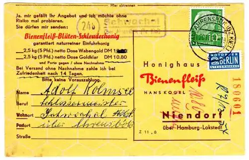 BRD 1954, Landpost Stpl. 24 SCHWOCHEL über Ahrensbök (Bz Kiel) auf Karte m. 7 Pf