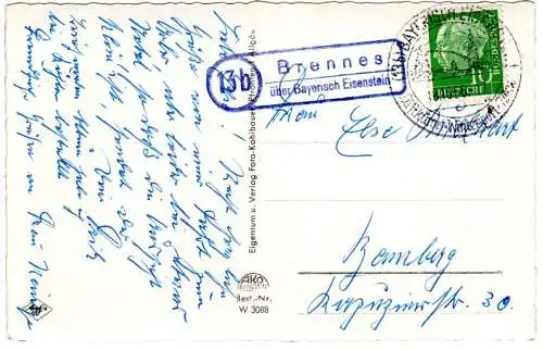 BRD 1956, Landpost Stpl. 13 BRENNES über Bayerisch Eisenstein auf Karte m. 10 Pf