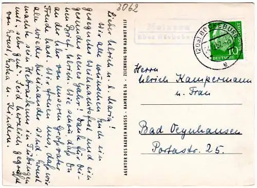 BRD 1957, Landpost Stpl. MEINSEN über Bückeburg auf Karte m. 10 Pf