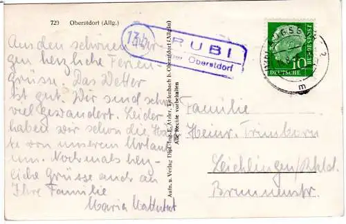 BRD 1956, Landpost Stpl. 13b RUBI über Bad Oberstdorf auf Karte m. 10 Pf