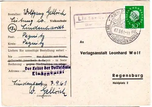 BRD 1961, Landpost Stpl. LINDENHARDT über Pegnitz auf Karte m. 10 Pf