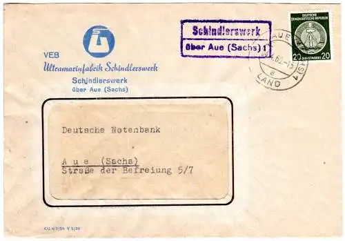 DDR 1960, Landpost Stpl. SCHINDLERSWERK über Aue auf Brief m. 20 Pf. Dienst.