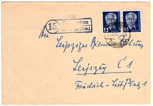 DDR 1950, Landpost Stpl. 15 GRAITSCHEN über Bürgel (Thür.) auf Brief m. 2x12 Pf.