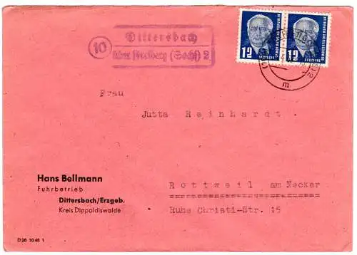 DDR 1952, Landpost Stpl. 10 DITTERSBACH über Freiberg auf Brief m. 2x12 Pf.