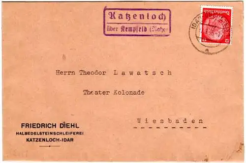 DR 1936, Landpost Stpl. KATZENLOCH über Kempfeld (Nahe) auf Brief m. 12 Pfg.