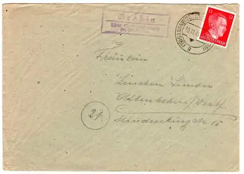 DR 1944, Landpost Stpl. GRÄBEN über Großwusterwitz MGB auf Brief m. 12 Pf. 