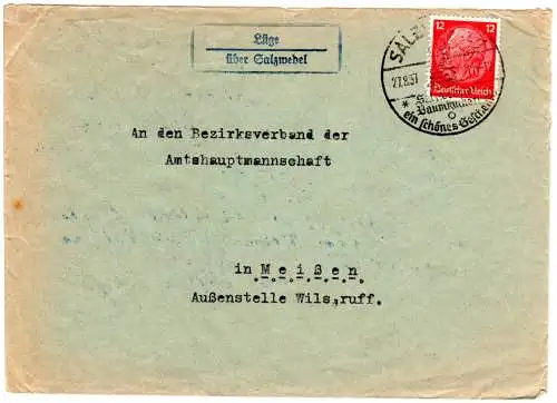 DR 1937, Landpost Stpl. LÜGE über Salzwedel auf Brief m. 12 Pf. 