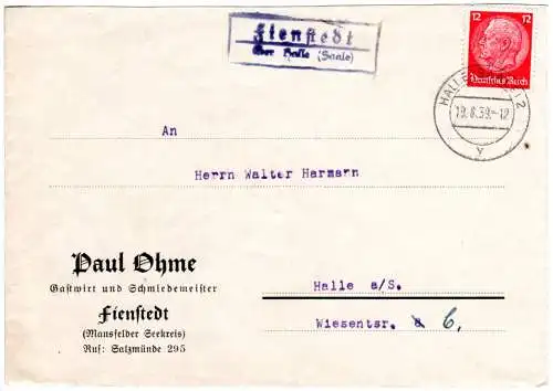 DR 1939, Landpost Stpl. FIENSTEDT über Halle (Saale) auf Firmen Brief m. 12 Pf. 