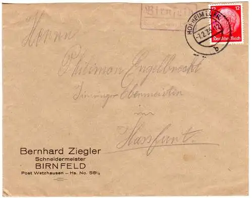 DR 1935, Landpost Stpl. BIRNFELD über Hofheim i. Ufr. auf Firmen Brief m. 12 Pf 