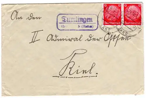 DR 1936, Landpost Stpl. TUMLINGEN über Horb (Neckar) auf Brief m. 2x12 Pf. 