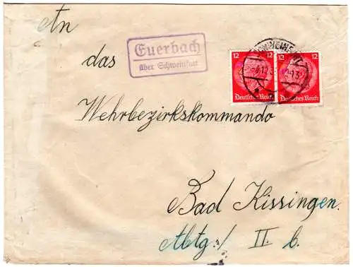 DR 1936, Landpost Stpl. EUERBACH über Schweinfurt auf Brief m. 2x12 Pf. 