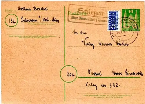 BRD 1950, Landpost Stpl. Schiessen über Neu-Ulm auf 10 Pf. Ganzsache