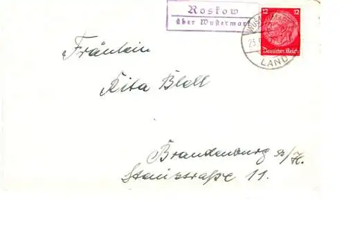 DR 1937, Landpost Stpl. ROSKOW über Wustermark auf Brief m. 12 Pfg.