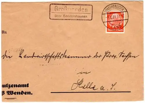 DR 1933, Landpost Stpl. GROSSWENDEN über Sondershausen auf Brief m. 12 Pfg.