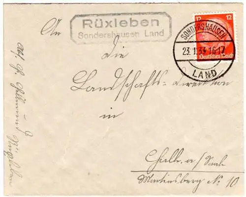 DR 1933, Landpost Stpl. RÜXLEBEN Sondershausen Land auf Brief m. 12 Pfg.