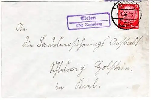 DR 1936, Landpost Stpl. TIELEN über Rendsburg auf Brief m. 12 Pfg.