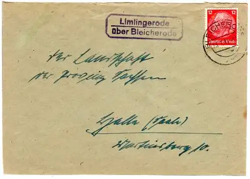 DR 1941, Landpost Stpl. LIMLINGERODE über Bleicherode auf Brief m. 12 Pfg.