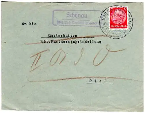 DR 1937, Landpost Stpl. SCHÖNAU über Bad Neustadt (Saale) auf Brief m. 12 Pfg.