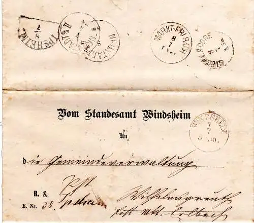 Bayern 1879, Brief v. Standesamt Windsheim n. Wilhelmsgreuth m. vielen Stempeln