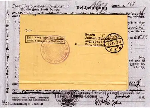 Danzig 1938, Frei d. Ablösung Orts-Drucksache m. blauem Pensionsamts Briefstpl.