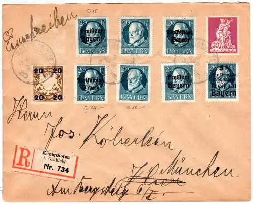 Bayern 1920, 9 versch. 20 Pf. Marken auf Reko-Brief v. Königshofen i. Grf.