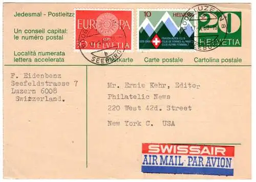 Schweiz 1968, mehrfarb. Swissair Luftpostetikett auf Ga-Karte v. Luzern n. USA