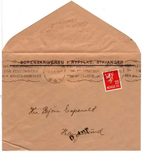 Norwegen 1939, 20 öre auf Firmen Brief v. Stavanger m. Haugesund Retur-Stempel.