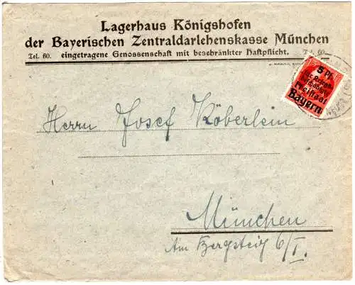 Bayern 1919, 15+5 Pf. Kriegsgeschädigte auf Bahnpost Firmenbrief v. Königshofen 