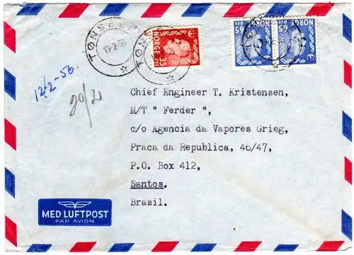 Norwegen 1956, 35+2x65 öre auf Luftpost Brief v. Tönsberg n. Brasilien