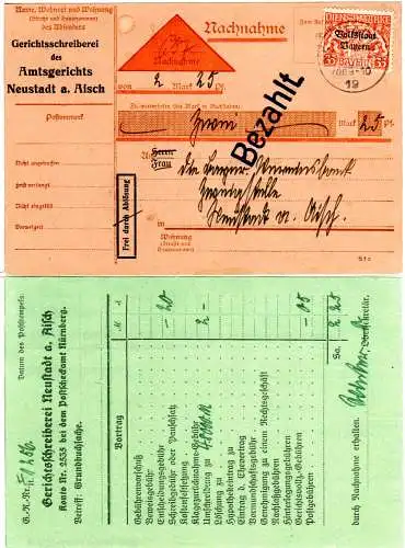 Bayern 1919, EF 35 Pf. Dienst Volksstaat auf Nachnahme Karte v. Neustadt a.A.