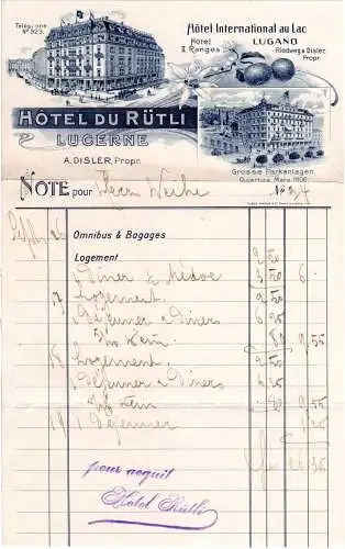 Schweiz, illustrierte Rechnung Hotel Rütli Luzern u. Abb. Lugano Hotel Du Lac