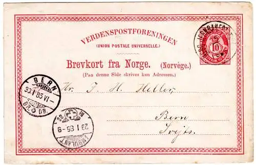 Norwegen 1885, 10 öre Ganzsache (P22) m. K1  Berg Jernbanestation i.d. Schweiz